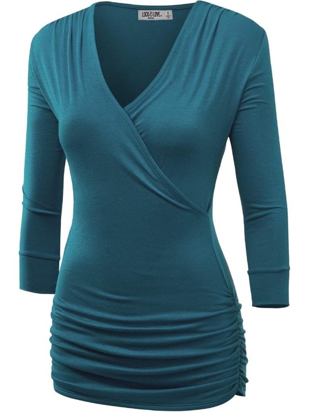 Women's T Shirts Teal V Neck 3/4 Sleeve Cross Front Casual Summer Comfort Dress